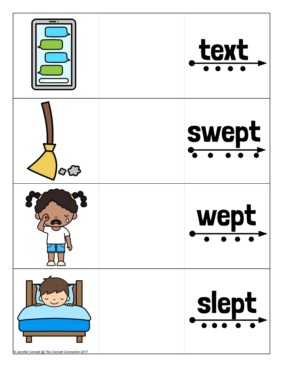 Ending blend -xt and -pt cards: students sound out text, swept, wept and slept with dots, then reveal a matching picture