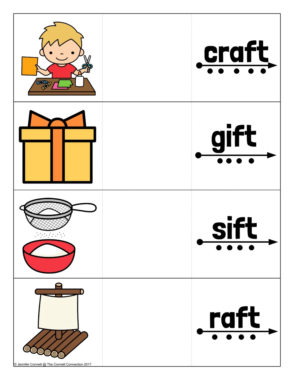 Ending blend -ft cards: students tap and blend craft, gift, sift and raft, each with a hidden picture to check the word