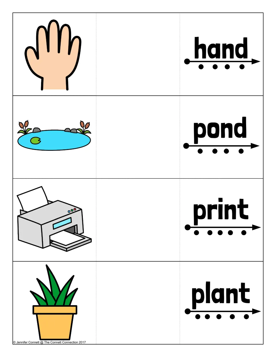 Ending blends -nd and -nt cards: students blend hand, pond, print and plant sound by sound, then open to see each picture
