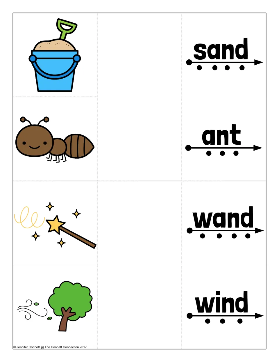 Ending blends -nd and -nt: students sound out sand, ant, wand and wind along the dotted arrow and check with the picture