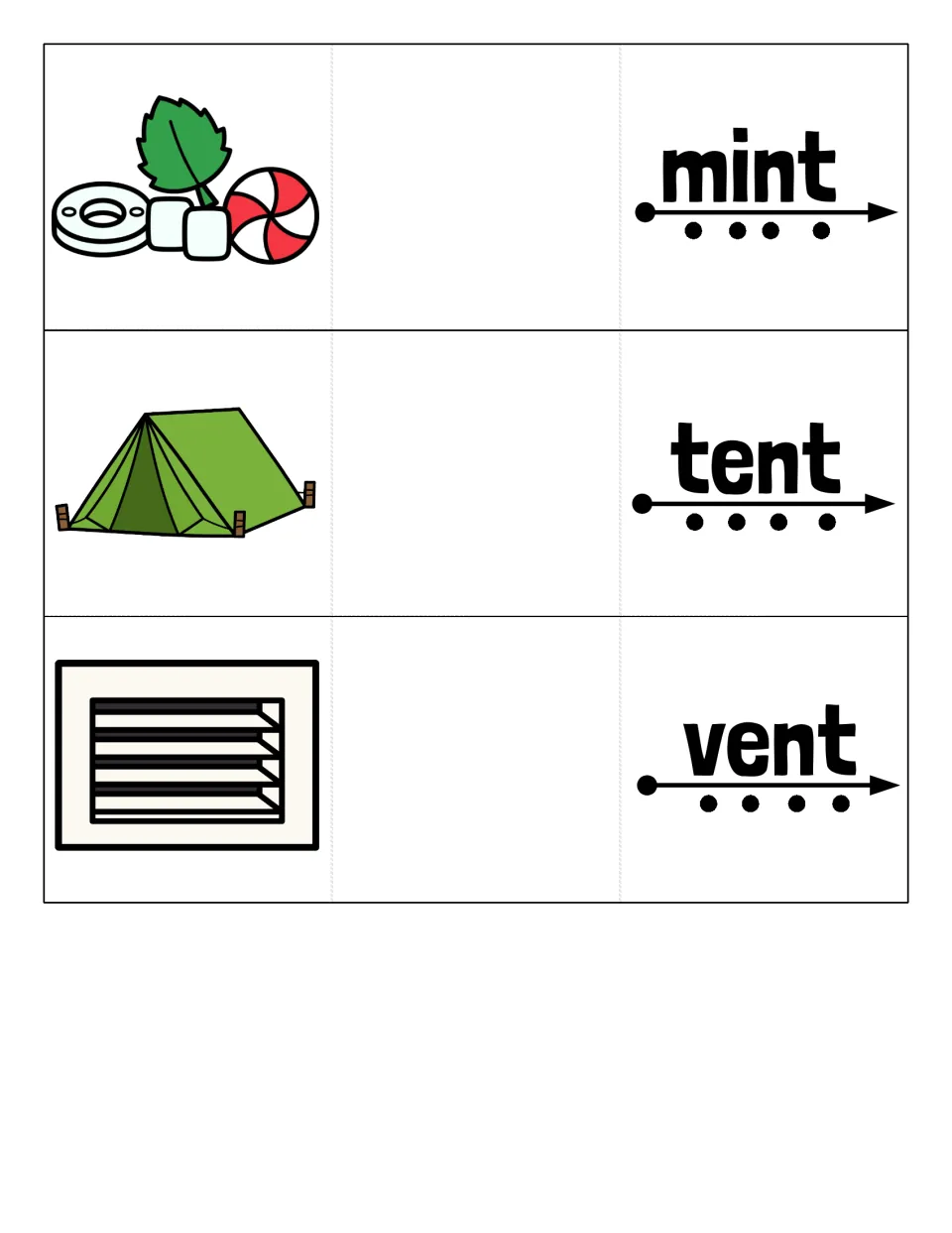 Ending blend -nt cards: students blend mint, tent and vent one sound per dot, then unfold each to see its picture