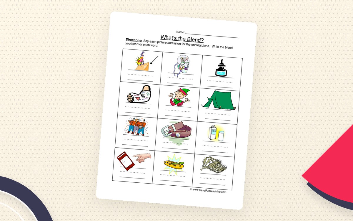 Ending Blends Pictures Worksheet preview: Picture prompts containing final blends
