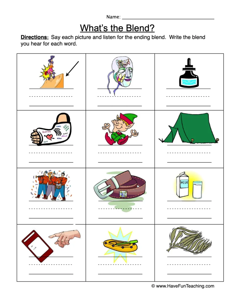 What's the Blend? Students say 12 pictures such as ramp, mask, tent and milk, then write the ending blend they hear
