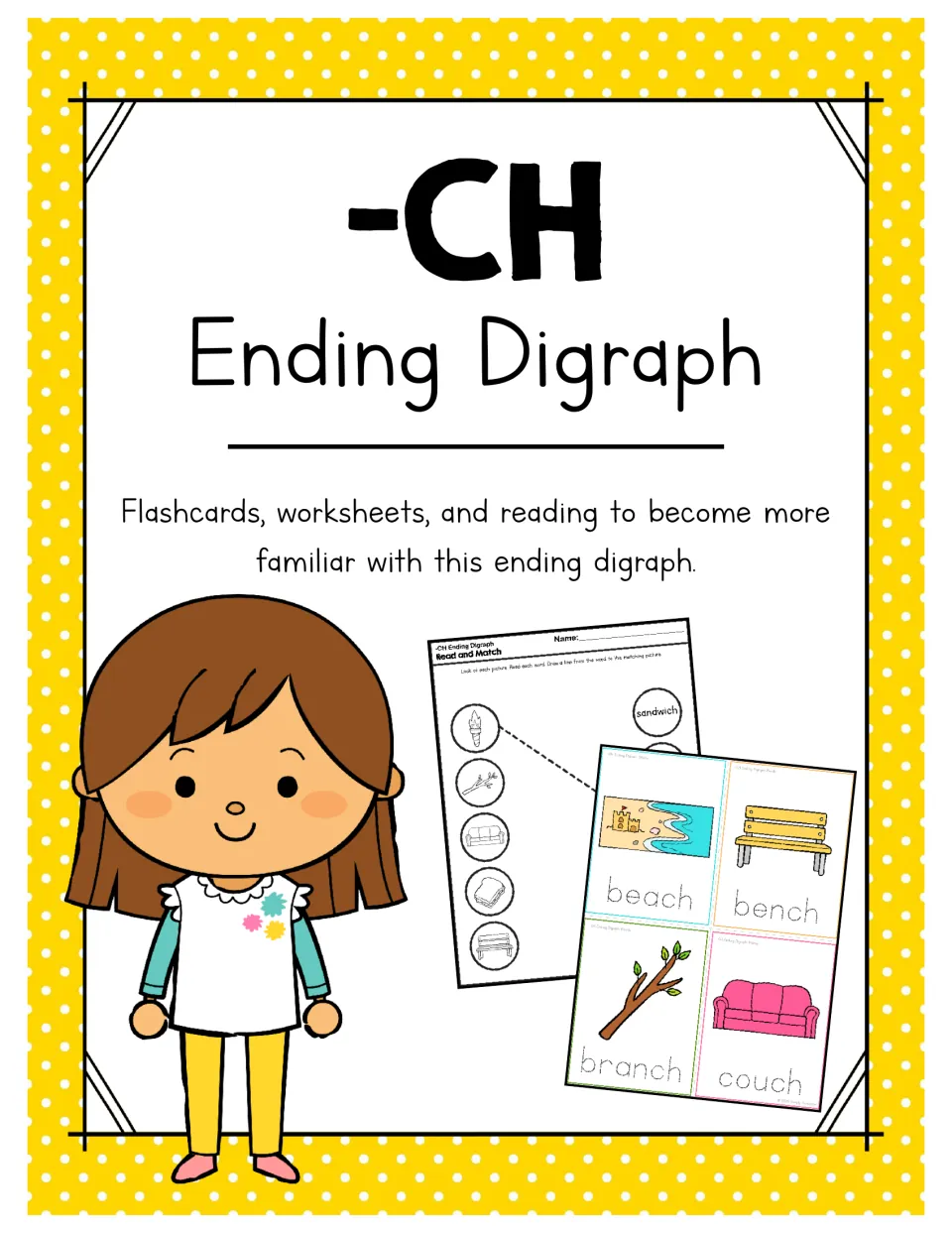 -CH Ending Digraph cover: flashcards, worksheets and reading, previewing beach, bench, branch and couch cards