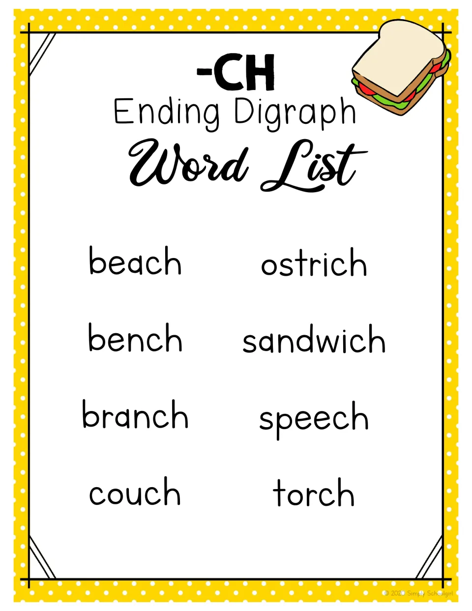 -CH ending digraph word list: beach, bench, branch, couch, ostrich, sandwich, speech and torch, with a sandwich picture