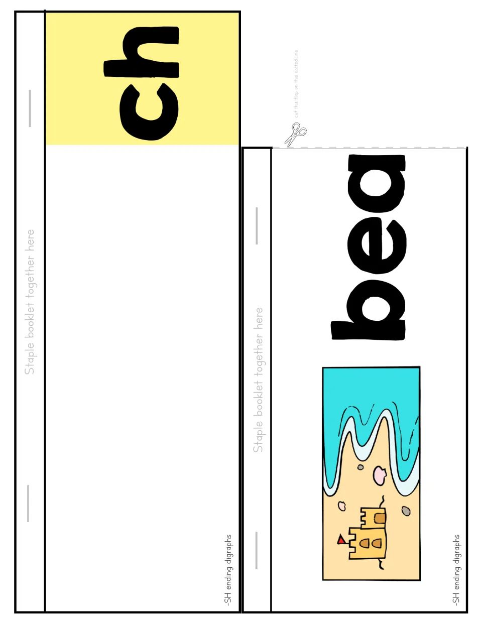 Flip booklet cut-out pieces: a yellow ch ending flap and a bea strip with a beach picture, for stapling to build beach