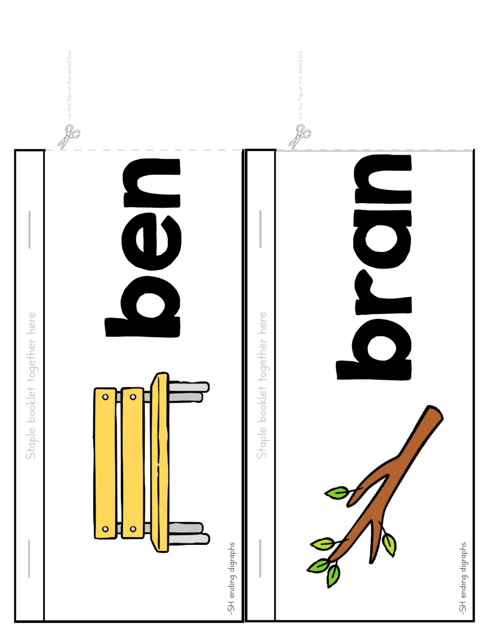 Flip booklet cut-out pieces: ben strip with a bench picture and bran strip with a branch, each finished by the ch flap