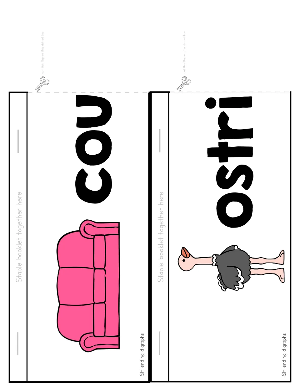 Flip booklet cut-out pieces: cou strip with a pink couch and ostri strip with an ostrich, to read as couch and ostrich