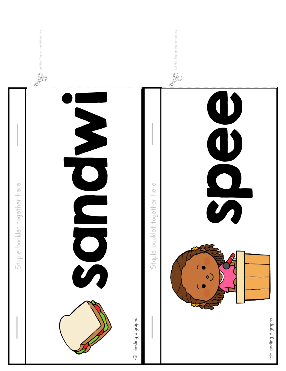 Cut-out booklet pieces: sandwi strip with a sandwich, spee strip with a girl at a podium, to form sandwich and speech