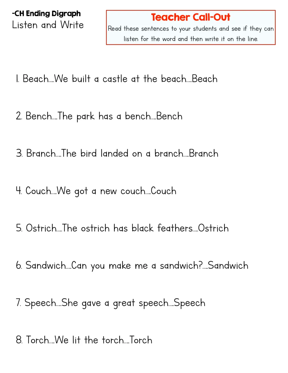-CH Listen and Write teacher call-out: eight words, beach to torch, each read aloud in a sentence for students to write