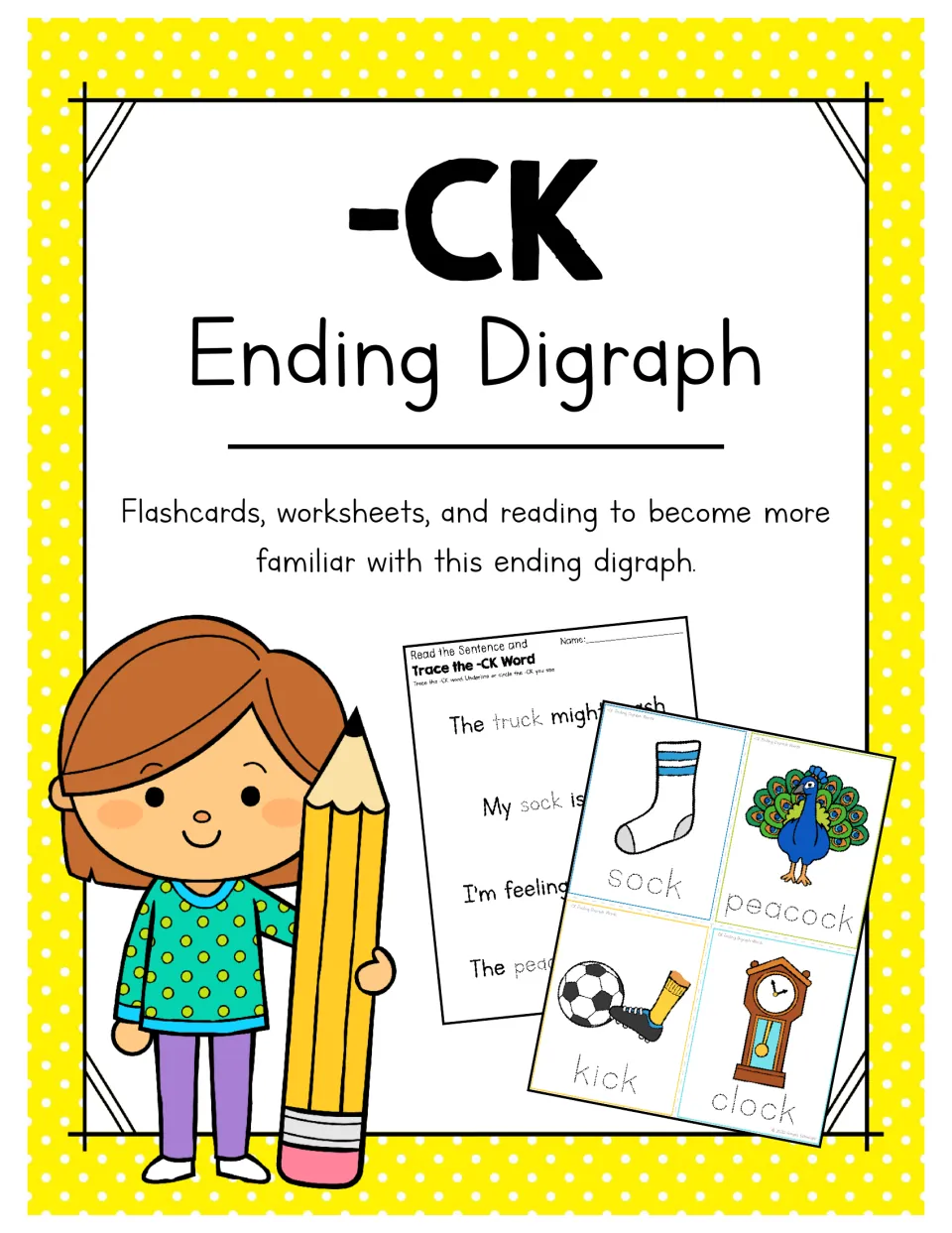 -CK Ending Digraph cover: flashcards, worksheets and reading, with sample sock, peacock, kick and clock word cards shown