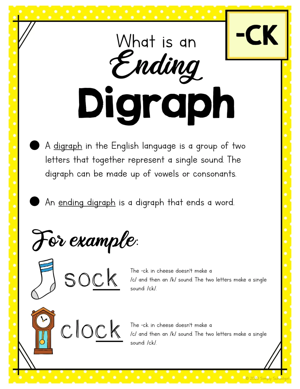 What is an Ending Digraph: defines a digraph as two letters making one sound, with sock and clock as -ck examples