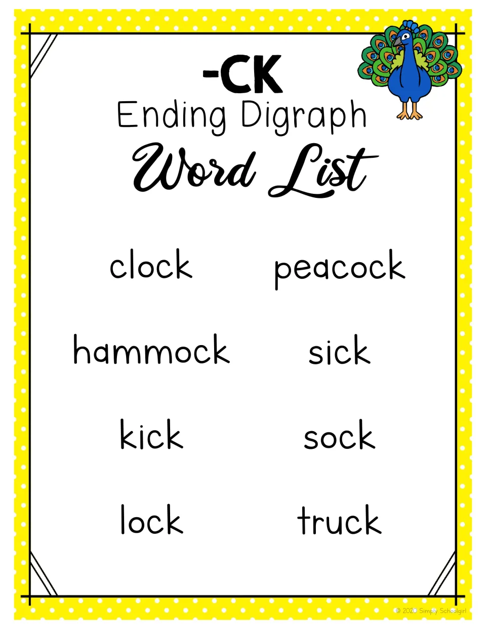 -CK word list for reading practice: clock, peacock, hammock, sick, kick, sock, lock and truck, with a peacock picture