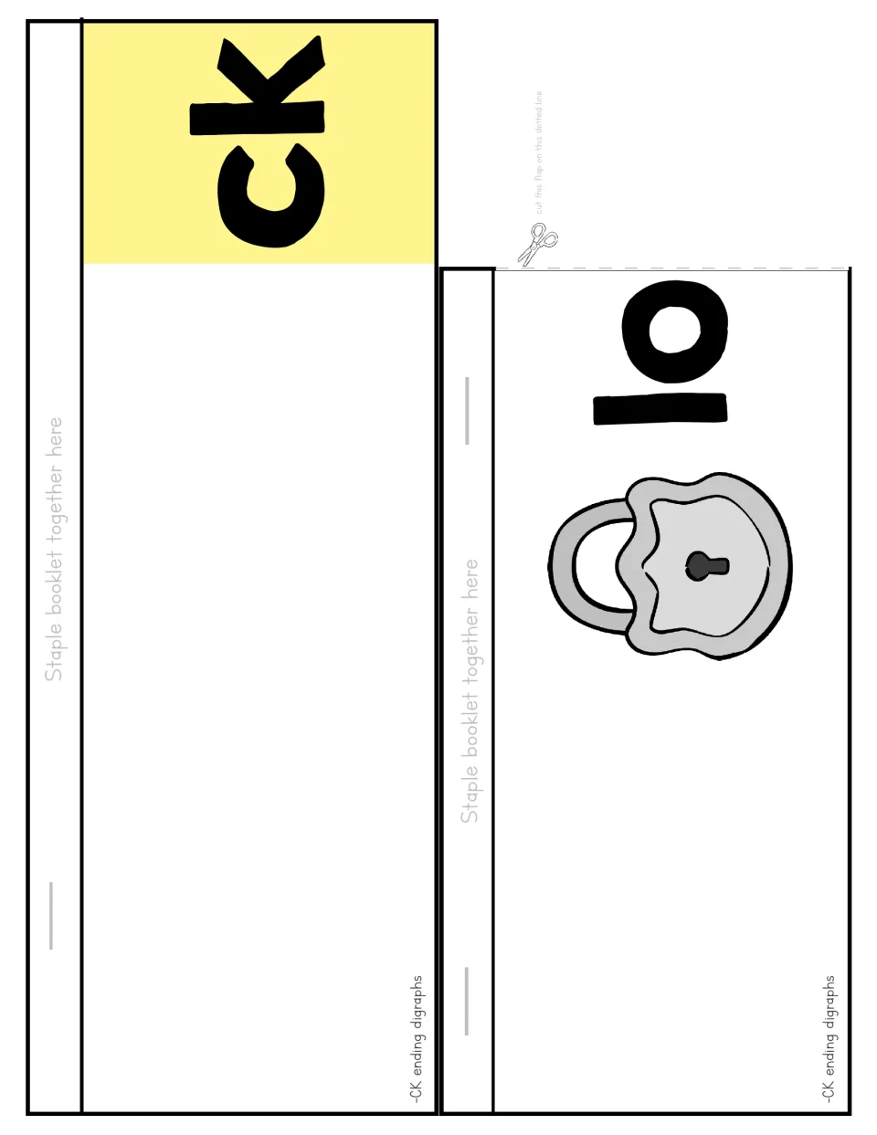 Flip booklet cut-out pieces: a ck back strip and a lock flap showing 'lo', so students flip to blend the -ck ending
