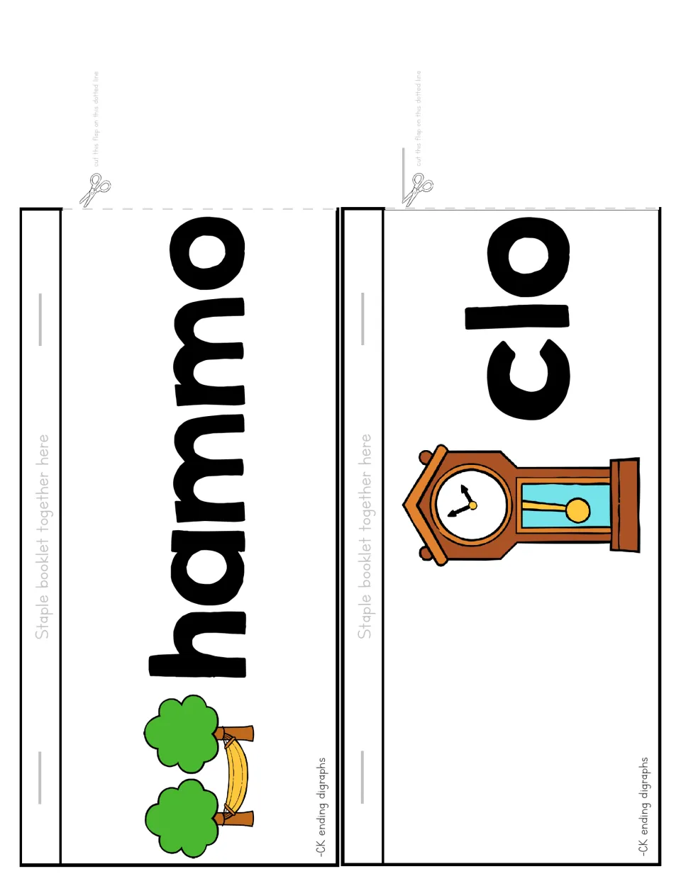 Flip booklet cut-out pieces: 'hammo' with a hammock and 'clo' with a clock, each flap completed by the ck strip