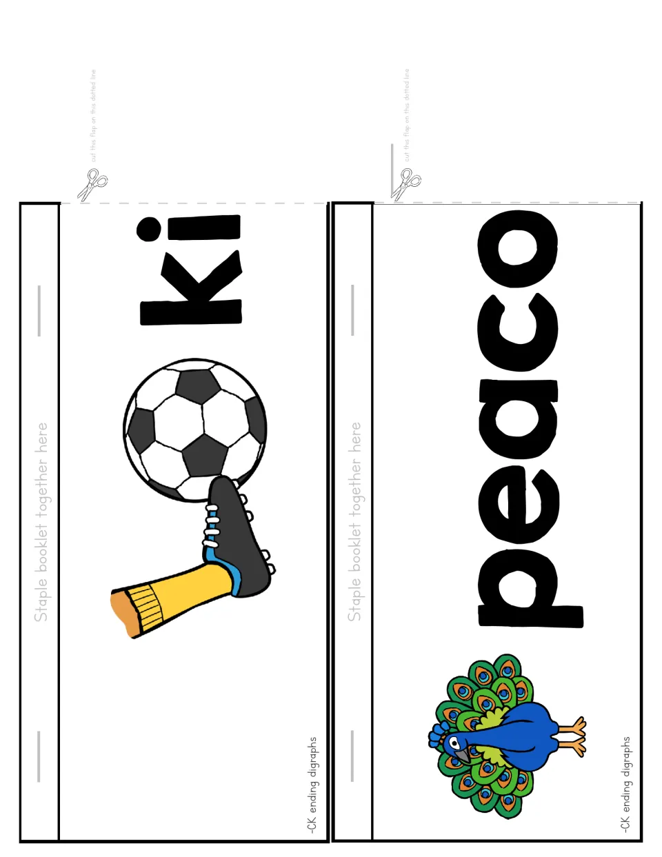 Flip booklet cut-out pieces: 'ki' with a foot kicking a soccer ball and 'peaco' with a peacock, to finish with ck