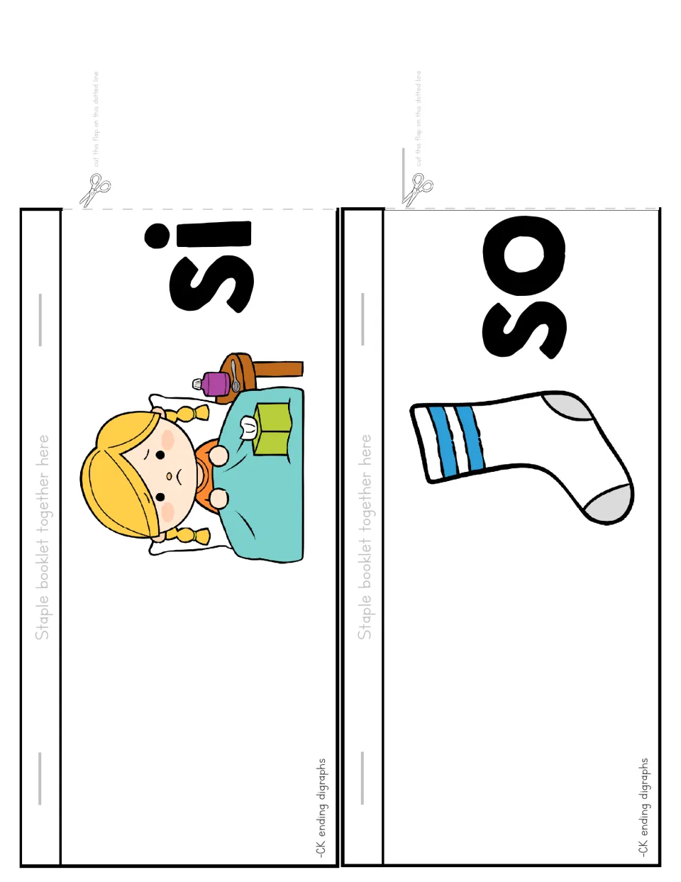 Flip booklet cut-out pieces: 'si' with a girl sick in bed and 'so' with a striped sock, each flap read with ck