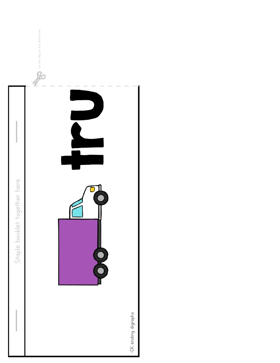 Flip booklet cut-out piece: a final 'tru' flap with a purple truck picture that students complete as truck with ck