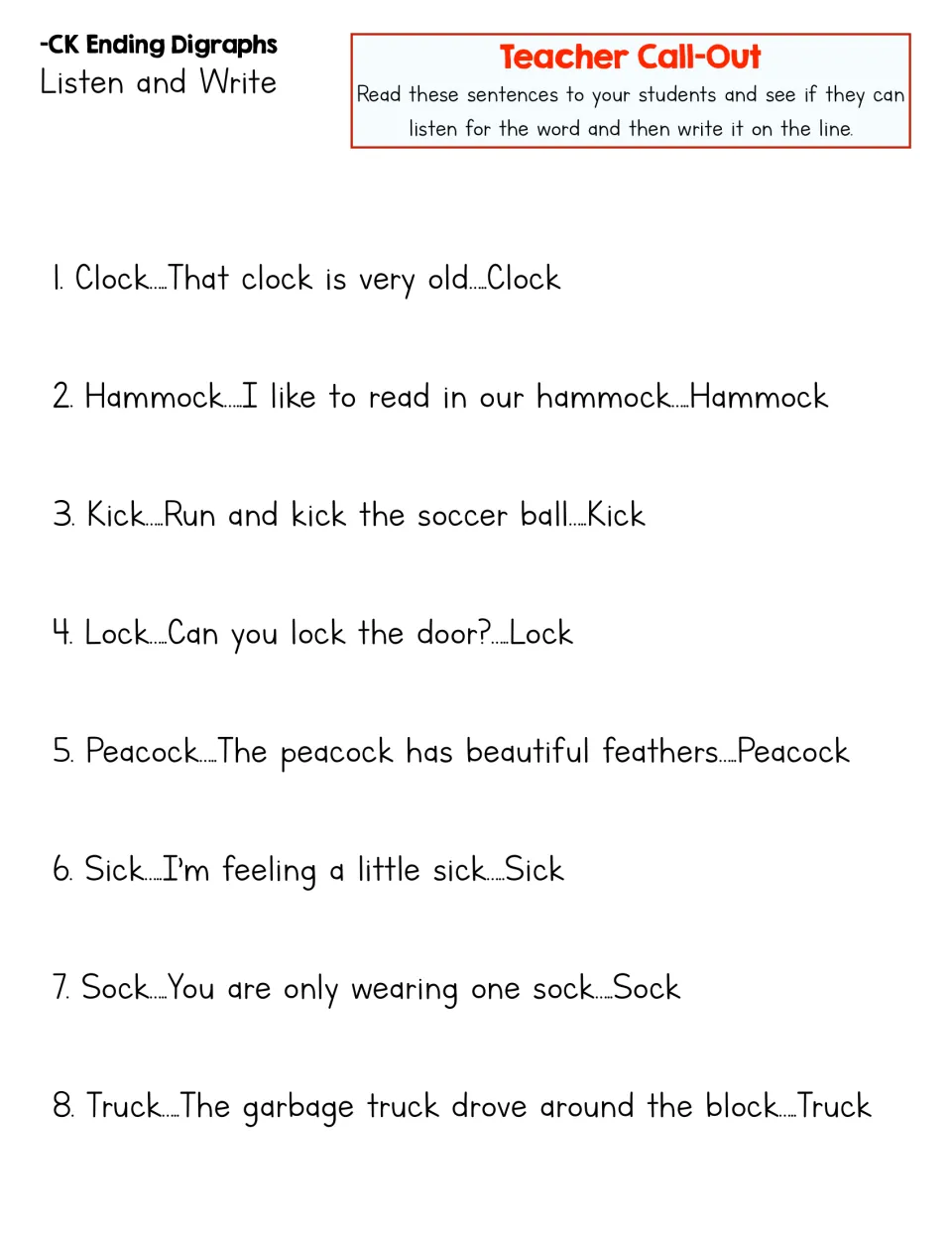 -CK Listen and Write teacher call-out: eight words such as clock, kick and truck read in sentences for students to spell