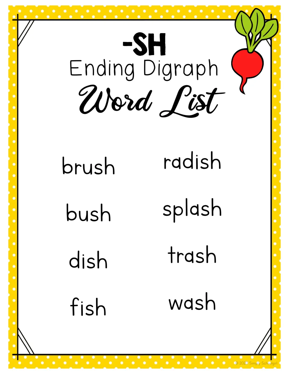 Ending -sh word list: brush, bush, dish, fish, radish, splash, trash and wash for reading and reviewing final sh words