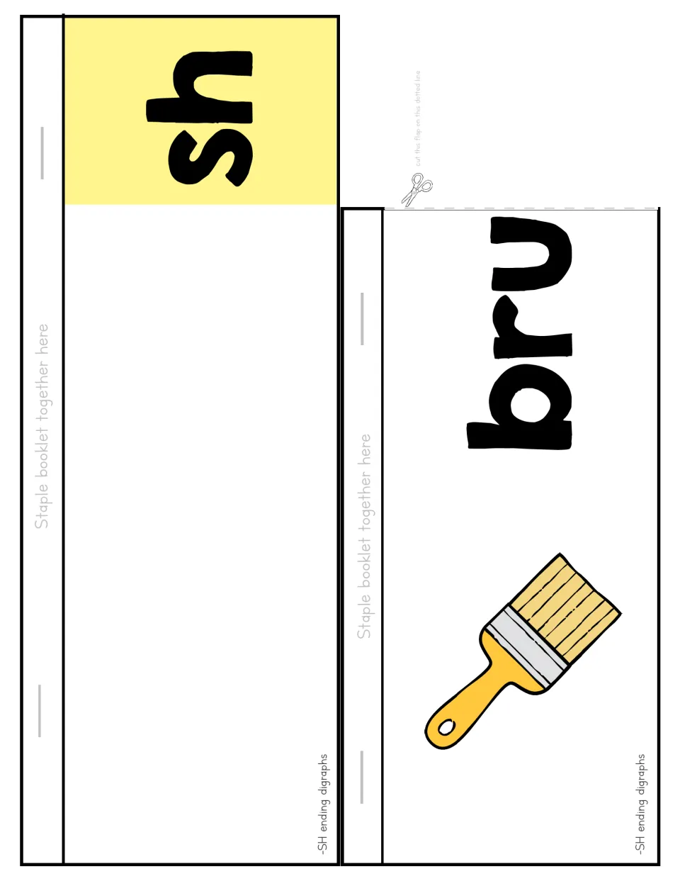 Flip booklet cut-out pieces: an sh cover strip and a bru flap with a paintbrush picture, stapled so sh completes brush