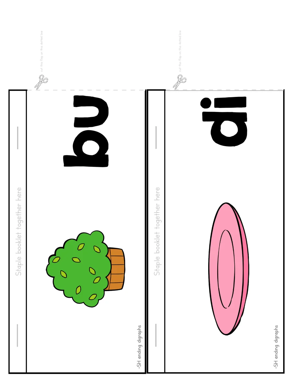Flip booklet cut-out pieces: bu flap with a potted bush and di flap with a pink dish, for blending each with final sh