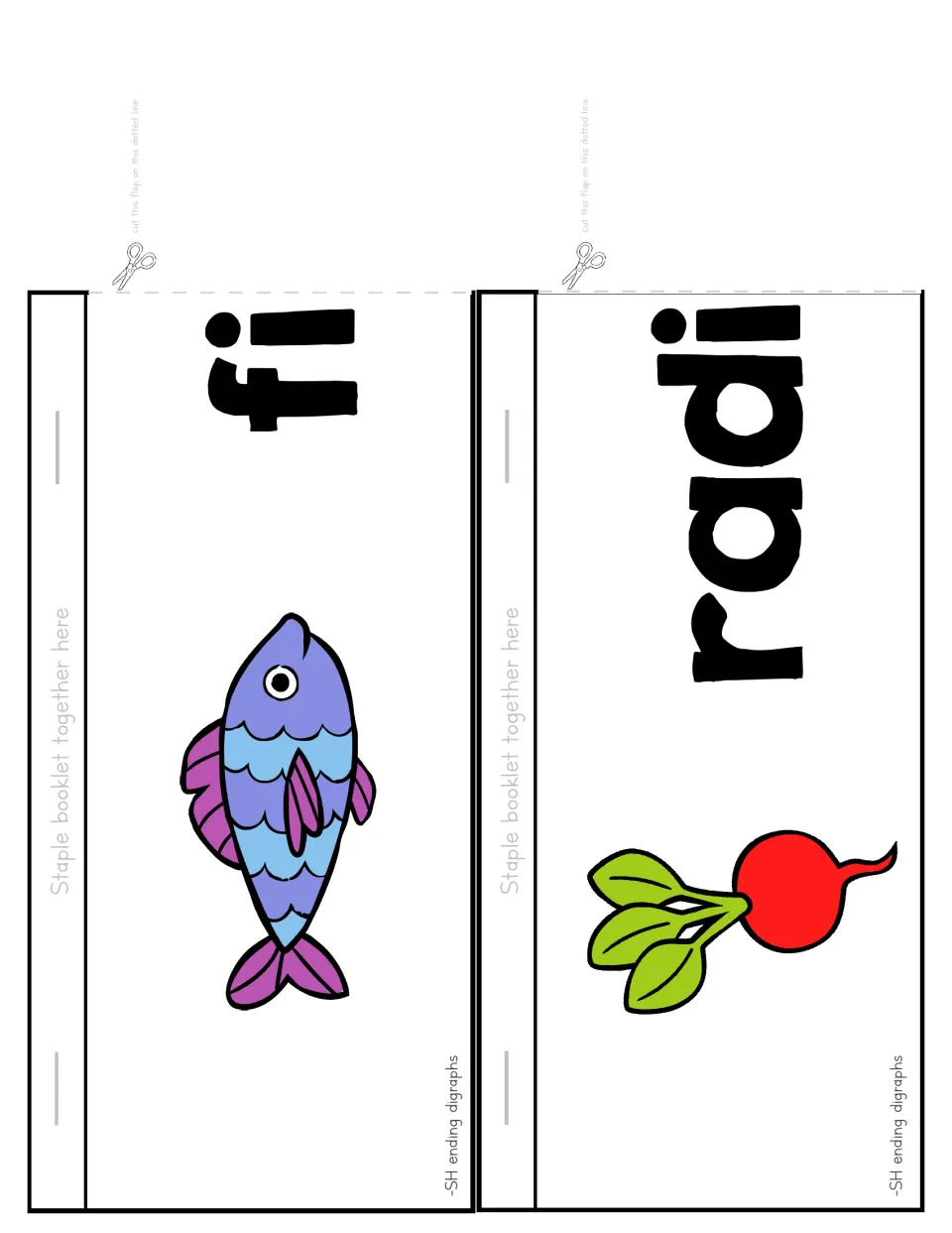 Flip booklet cut-out pieces: fi flap with a fish picture and radi flap with a radish, read with sh to make fish and radish
