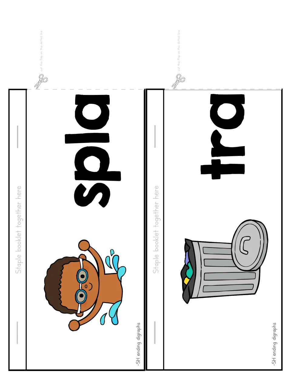 Flip booklet cut-out pieces: spla flap with a swimmer splashing and tra flap with a trash can, completed by flipping to sh