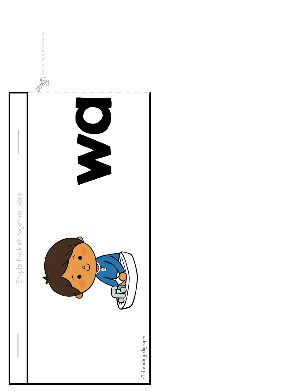 Flip booklet cut-out piece: final wa flap with a child washing hands at a sink, read with the sh strip to spell wash