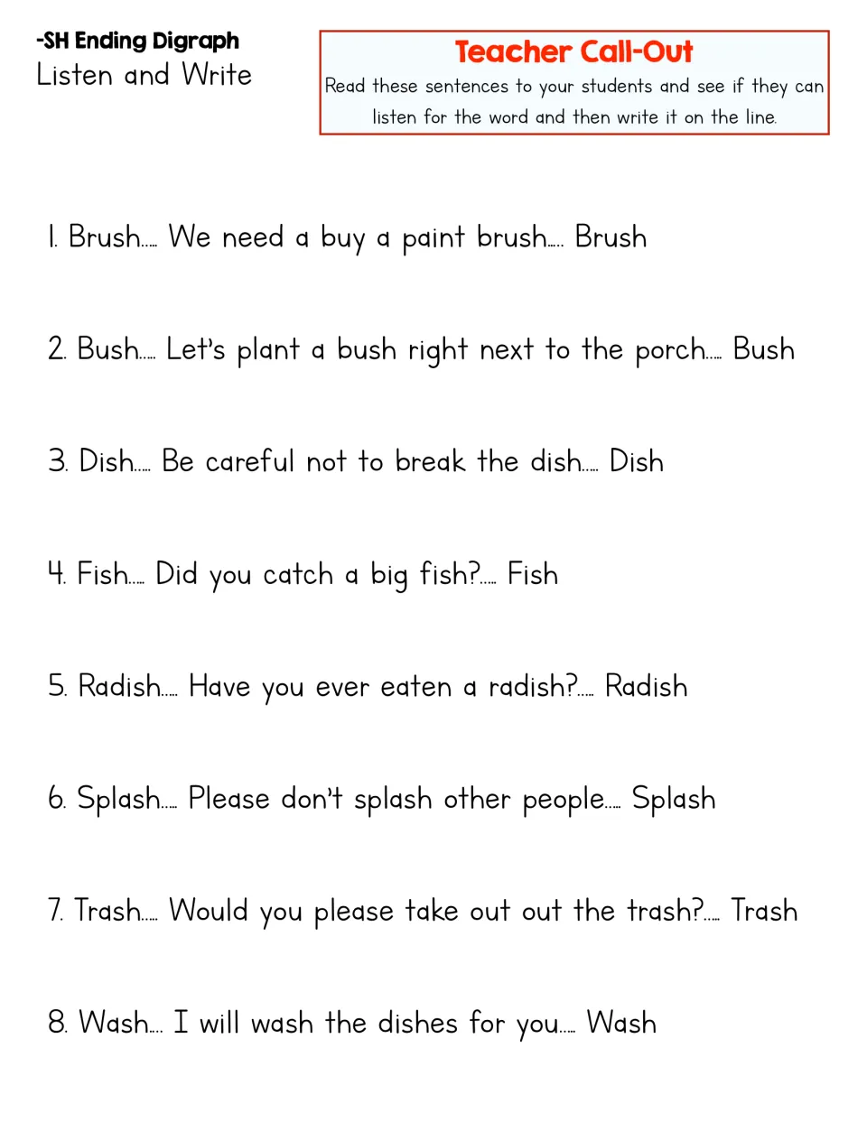 -SH Listen and Write teacher call-out: read 8 sentences aloud, students write each -sh word such as brush, dish and wash