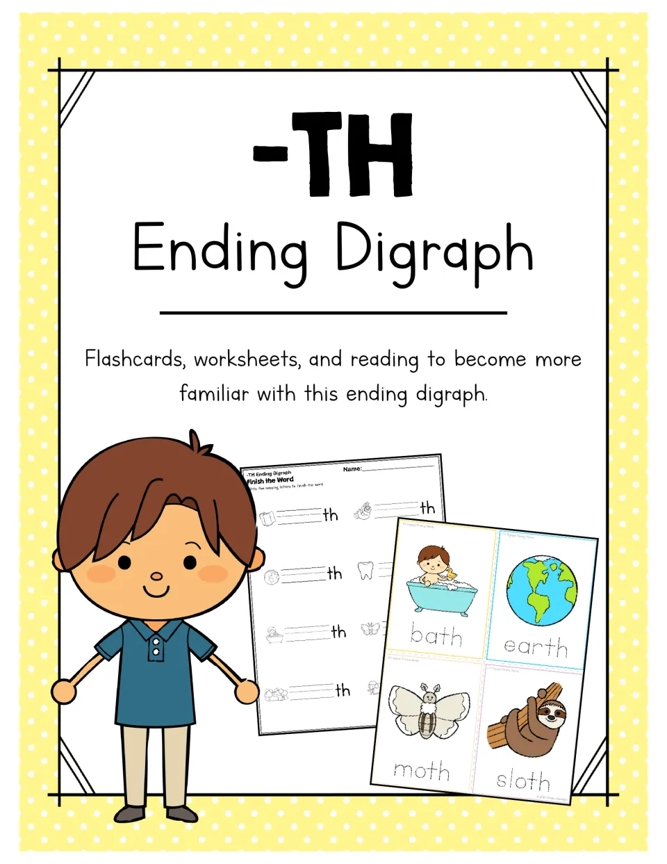 -TH ending digraph cover: flashcards, worksheets and reading, shown with a Finish the Word sheet and bath and moth cards