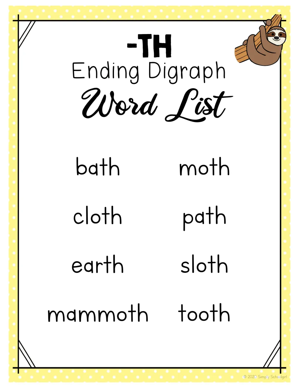 -TH ending digraph word list: bath, cloth, earth, mammoth, moth, path, sloth and tooth to read and review