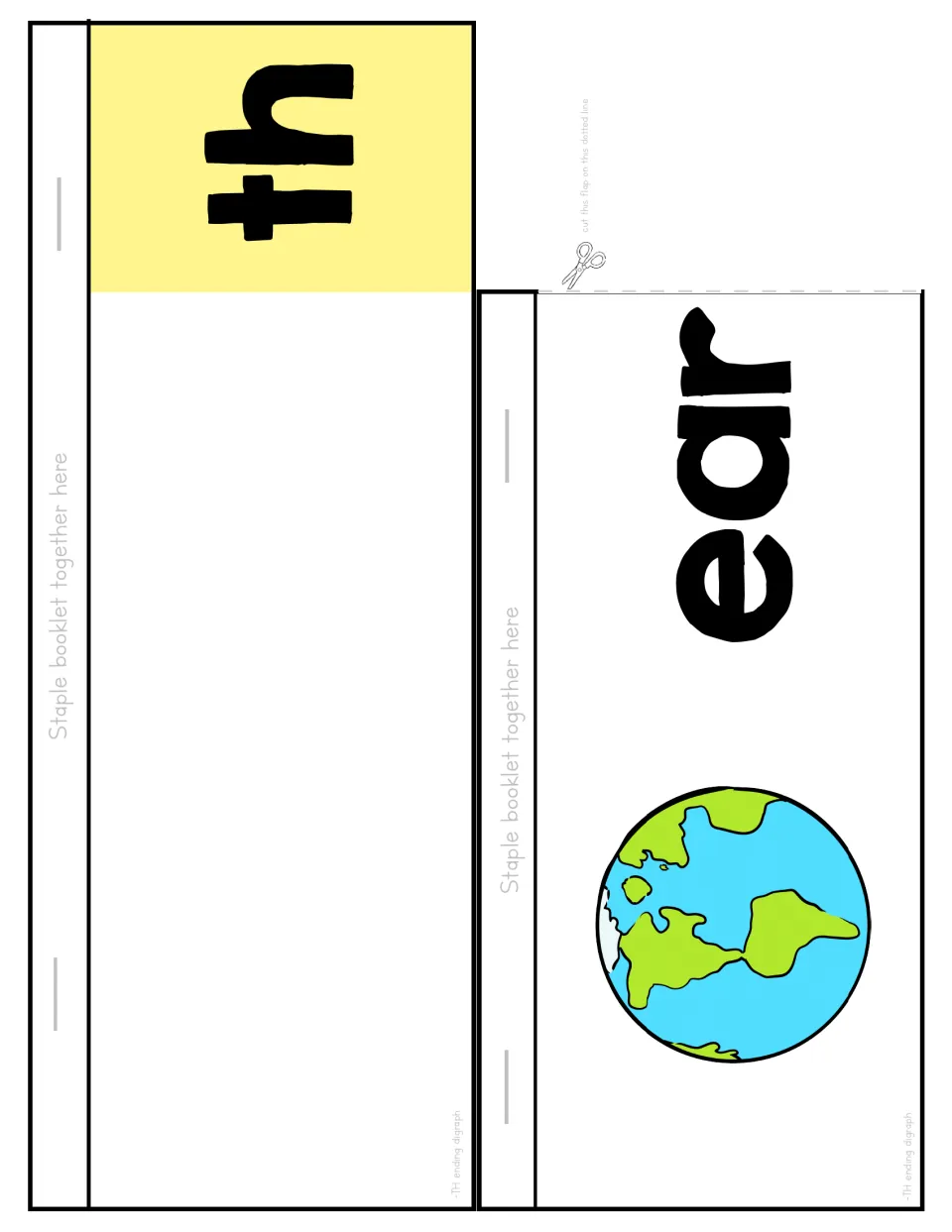 Flip booklet cut-out pieces: a yellow th back page and an ear flap with a globe picture; flipping the flap builds earth