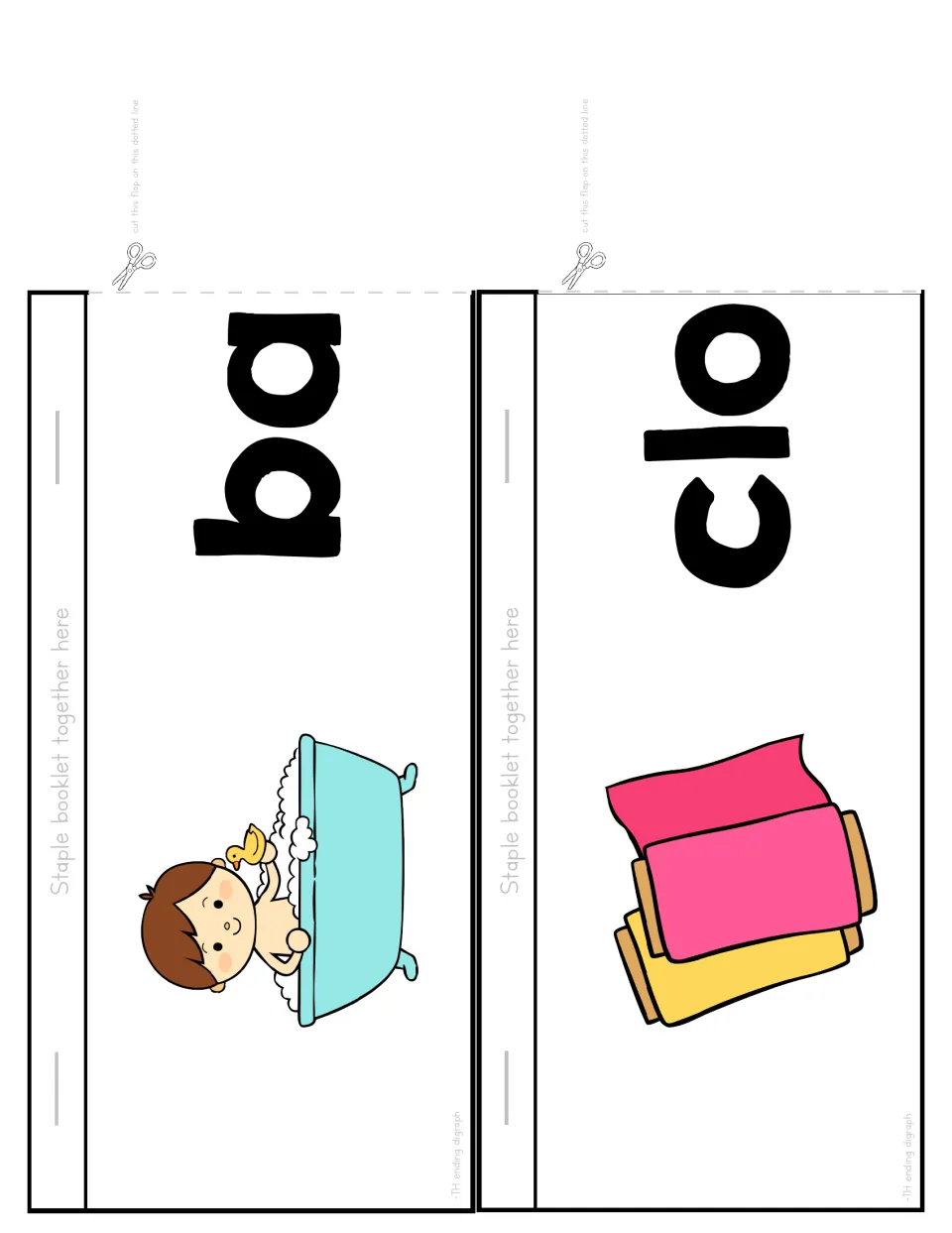 Flip booklet cut-out flaps: ba with a child in a bathtub and clo with folded cloth, each completed by th to read the word