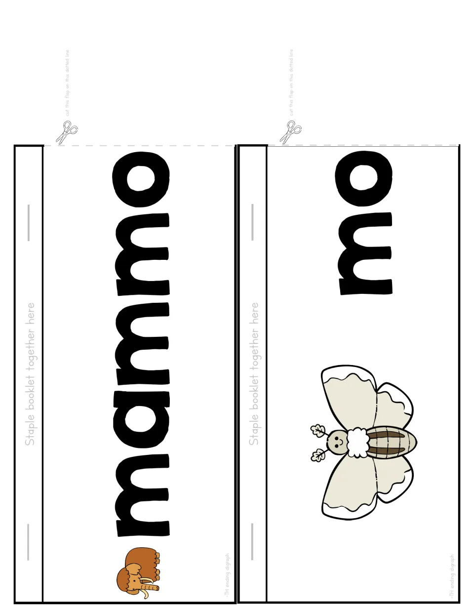 Flip booklet cut-out flaps: mammo with a woolly mammoth and mo with a moth, each finished by the th page to read the word