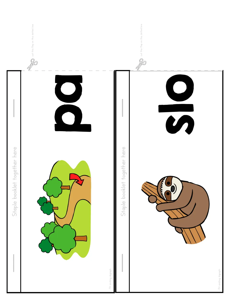 Flip booklet cut-out flaps: pa with a winding park path and slo with a sloth on a branch, both blending into -th words