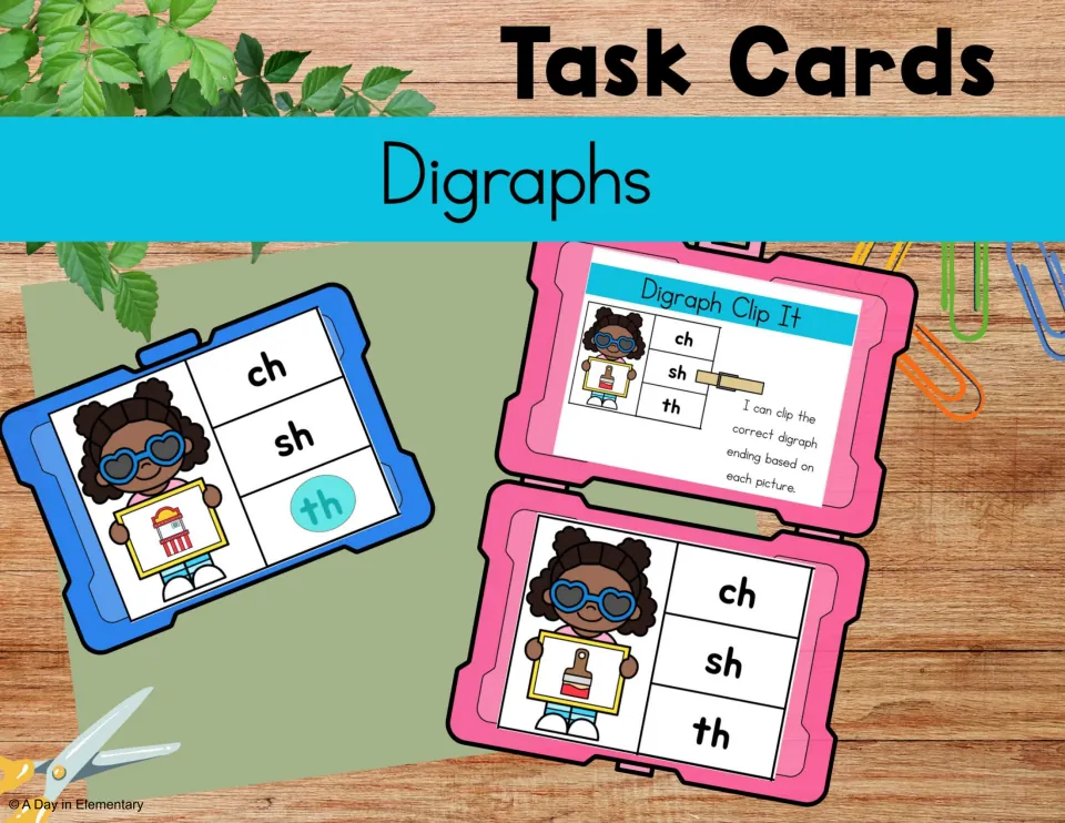Digraphs task cards cover showing clip cards in colored cases where a girl holds a picture next to ch, sh and th choices