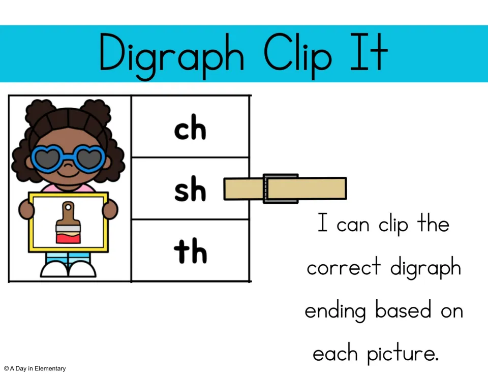 Digraph Clip It: students clip a clothespin on ch, sh or th to match the ending sound of the pictured paintbrush