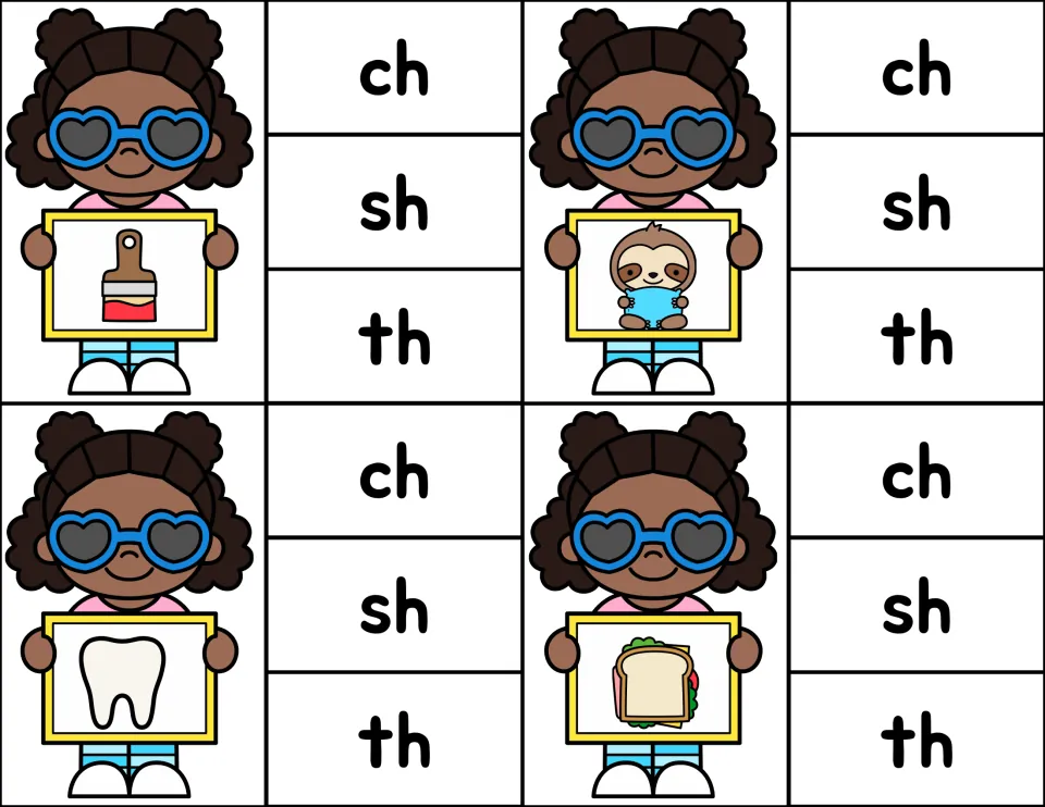Ending digraph cards: students choose ch, sh or th for pictures of a paintbrush, a sloth, a tooth and a sandwich