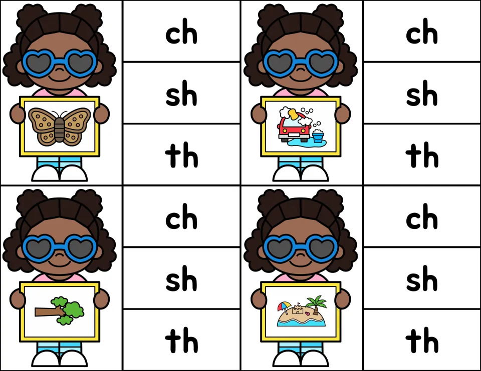 Ending sounds ch, sh or th: students clip the digraph for a moth, a car wash, a tree branch and a beach