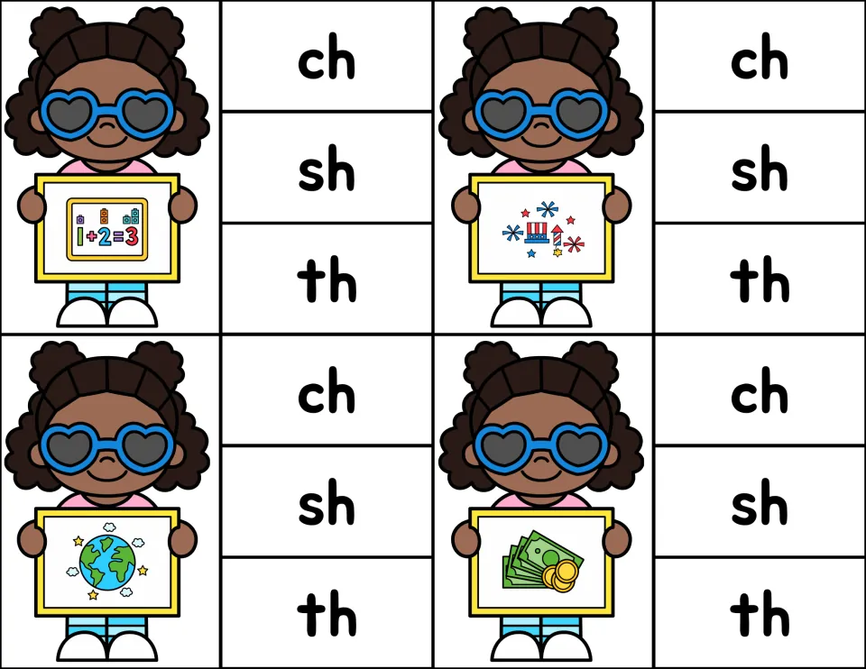 Digraph clip cards picturing a math problem, patriotic fireworks, the Earth and cash for choosing ch, sh or th