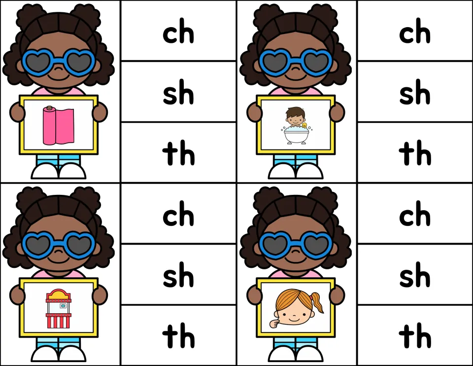 Final digraph practice: students pick ch, sh or th for a pink roll, a child in a bath, a booth and a girl's face