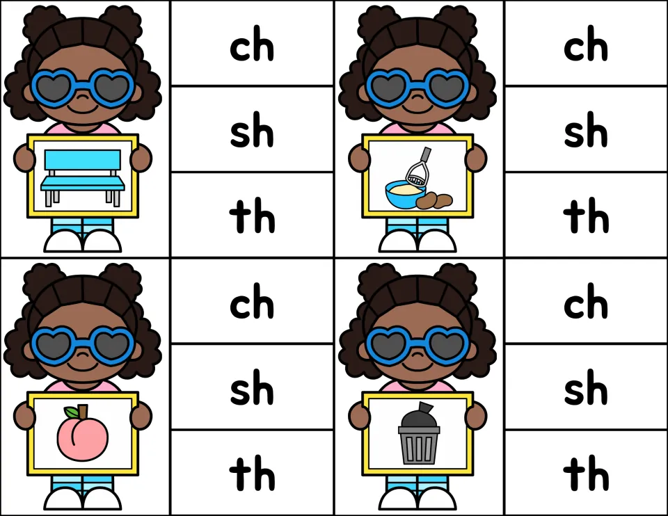 Ending ch, sh, th sounds: students clip the matching digraph for a bench, mashed potatoes, a peach and a trash can
