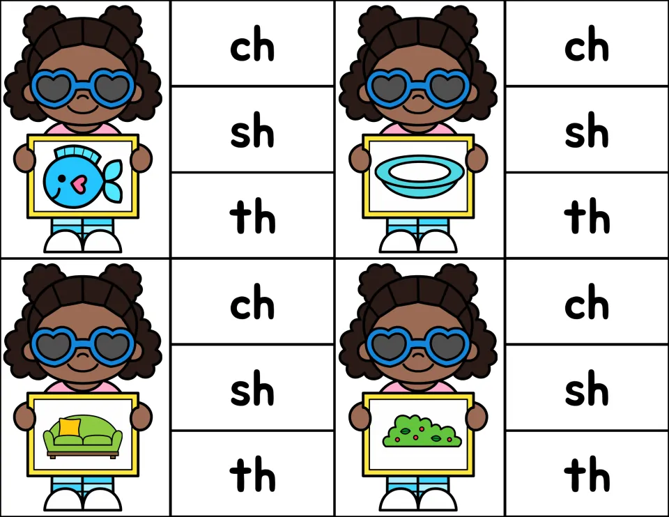Last set of digraph cards: students choose ch, sh or th for a fish, a dish, a couch and a bush