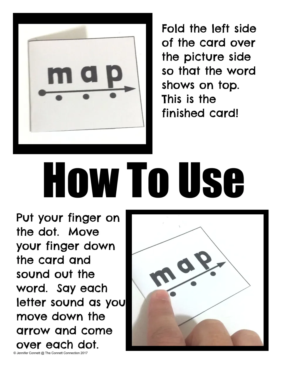 Finishing and using a card: fold the left side so the word map shows, then trace the dots saying each sound