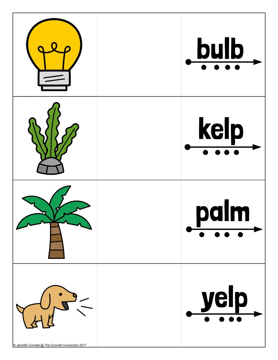 Ending -lb, -lp and -lm words: cards for bulb, kelp, palm and yelp, each word over a sound-dot arrow to blend