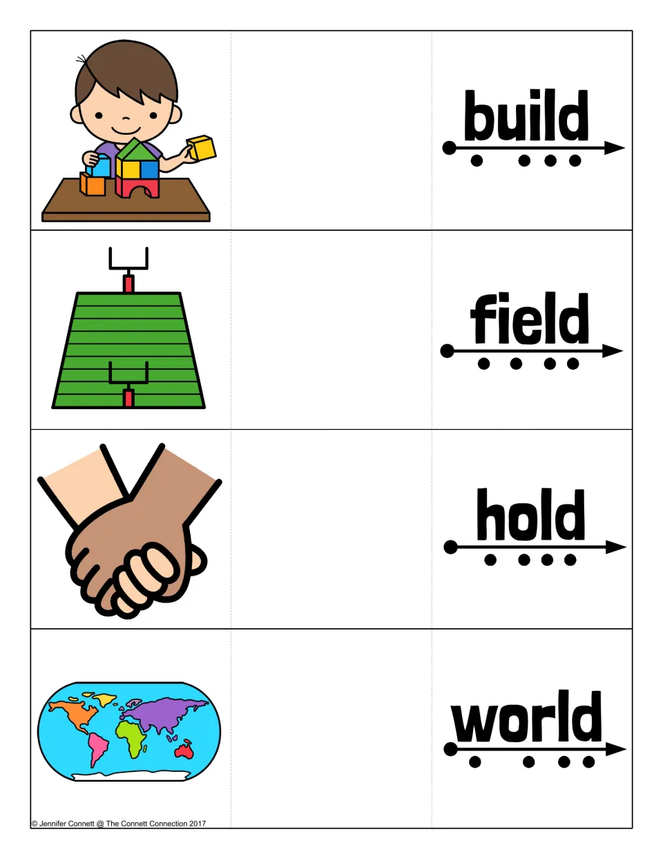 Ending -ld words: cards for build, field, hold and world with sound dots to tap while blending each word
