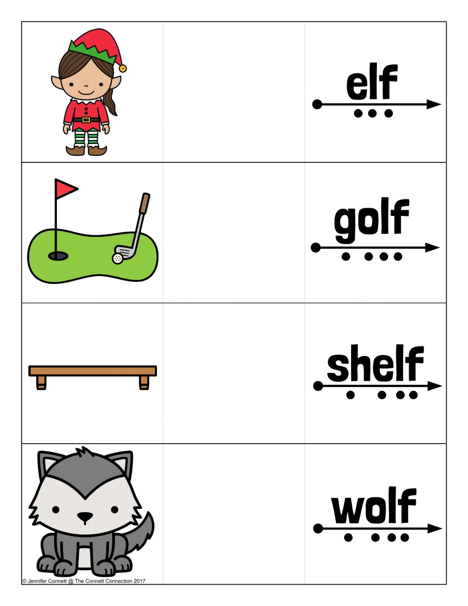 Ending -lf words: elf, golf, shelf and wolf cards where students tap each sound dot to blend, picture under the fold