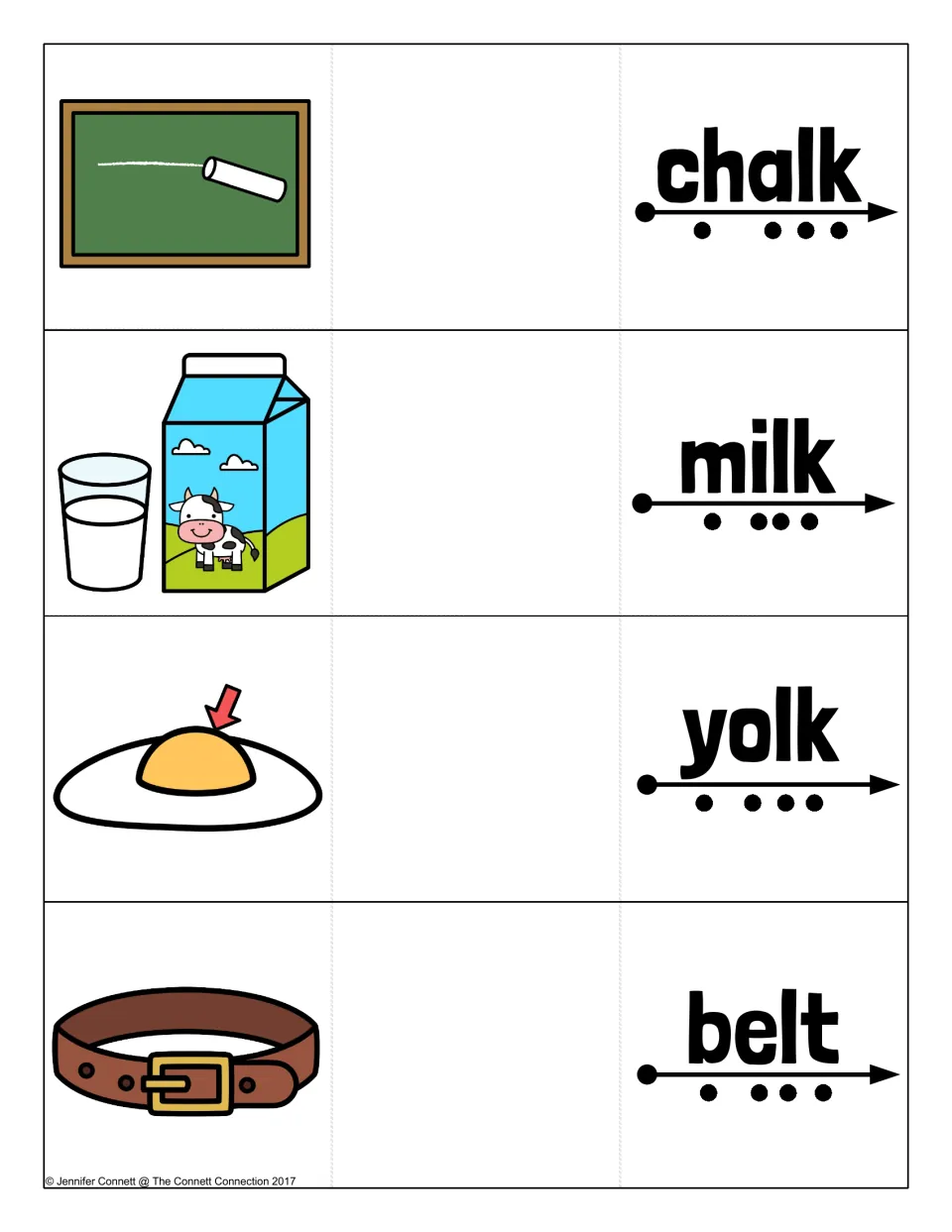 Ending -lk and -lt words: chalk, milk, yolk and belt cards to blend sound by sound, with picture clues