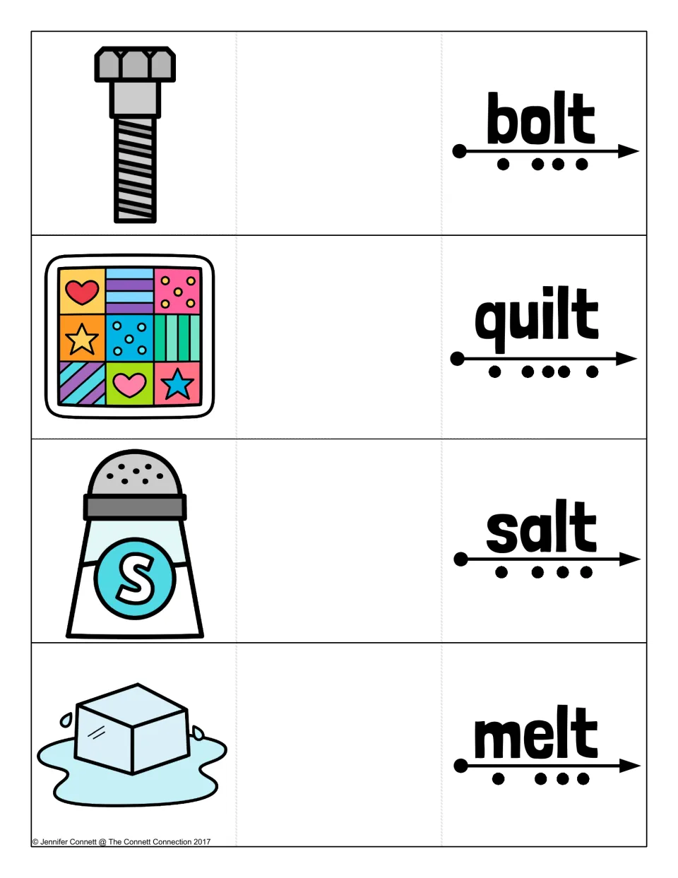 Ending -lt words: bolt, quilt, salt and melt cards with a dot under each sound to tap and blend